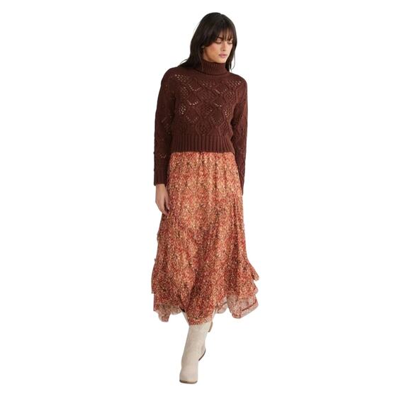 Talisman SABRINA High-Low Tiered Ruffled Hem Brown Boho Skirt Size XL - Picture 2 of 4